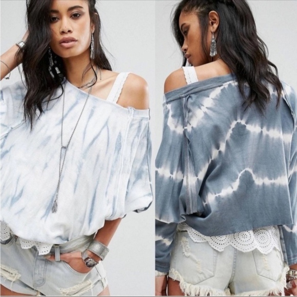 Free People East Meets West Blue Tie Dye Boho Oversize Sweatshirt